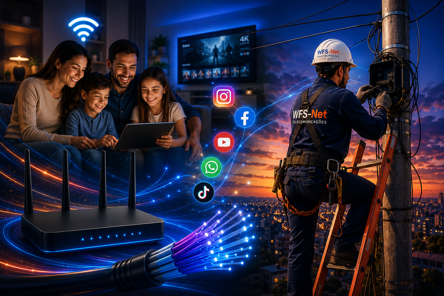 Técnico WFS-Net, família conectada, roteador, fibra óptica e redes sociais